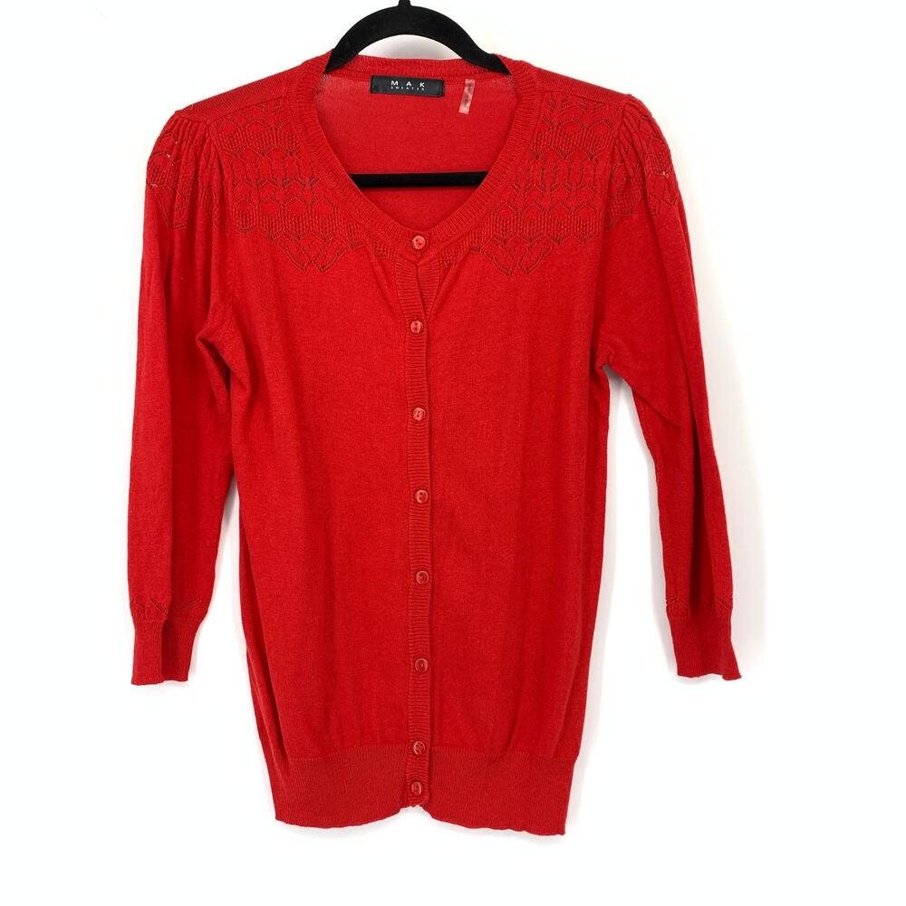 Modcloth MAK Cardigan Sweater Womens Sz Medium Red Pointelle Detail 3/4 Sleeve